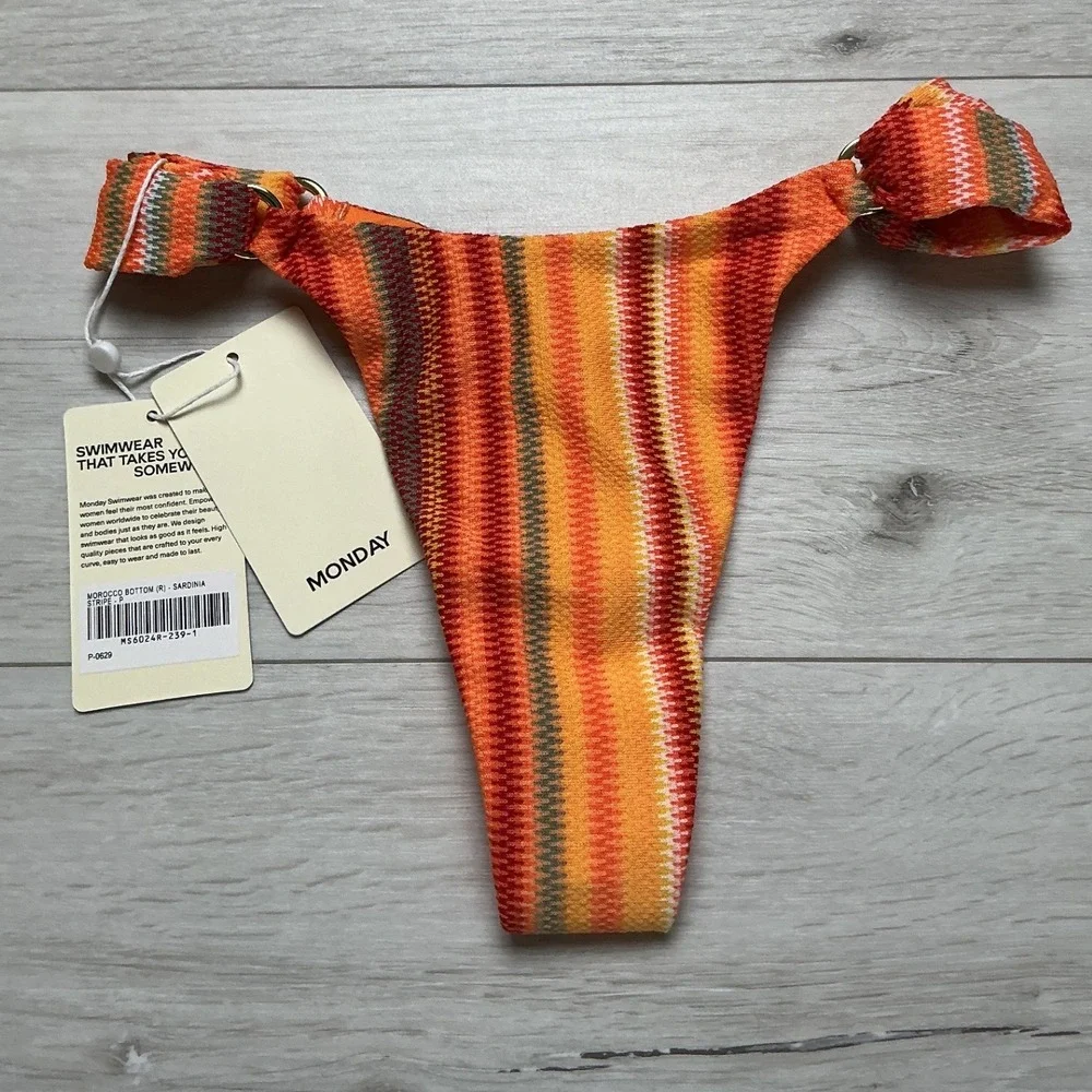 Monday Swimwear Orange Red Striped Tie-Side Bikini Bottom